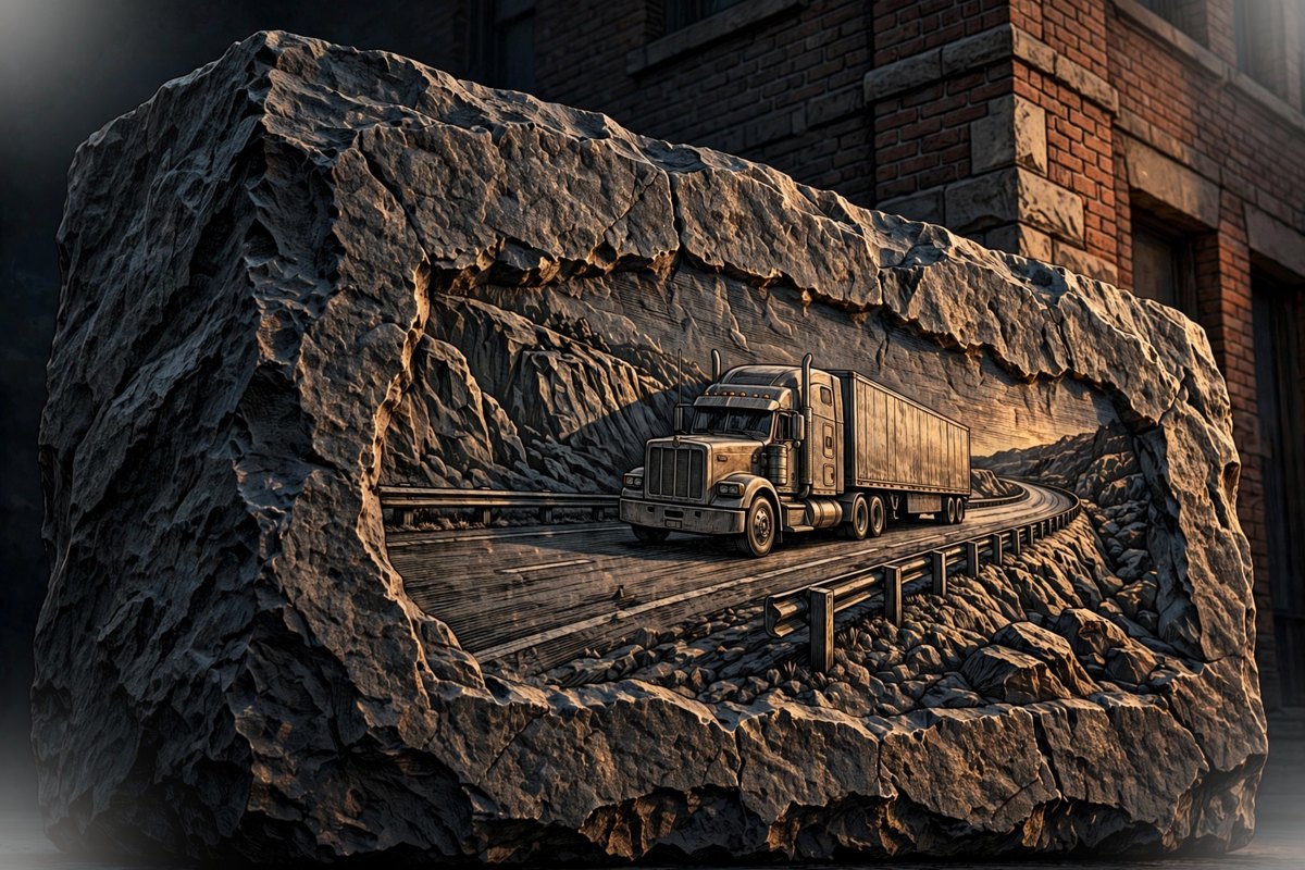 Cornerstone Load Desk — granite cornerstone with a semi truck